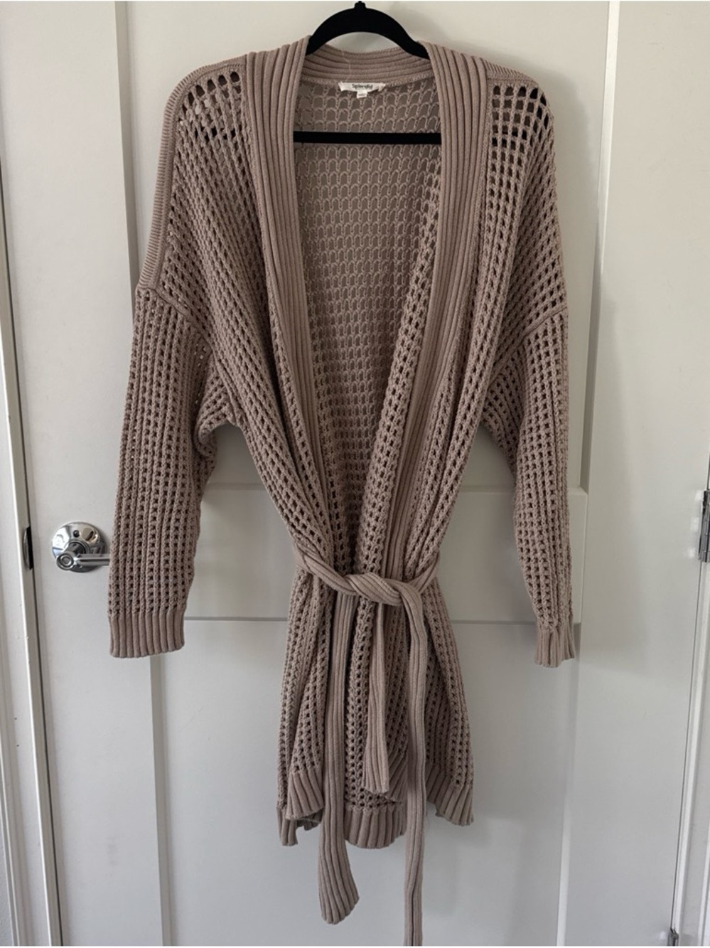 Splendid Waffle Knit Belted Open-Front Cardigan - Taupe